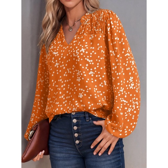 Dokotoo Tops - Dokotoo Orange Pleated Long Sleeve V Neck Smocked Printed Chiffon Blouse